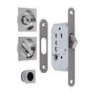 Kit de porta de correr com fechadura e puxador quadrado em acabamento níquel acetinado 