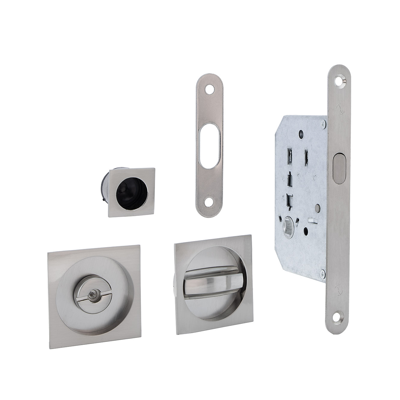 Kit de porta de correr com fechadura e puxador quadrado em acabamento níquel acetinado 