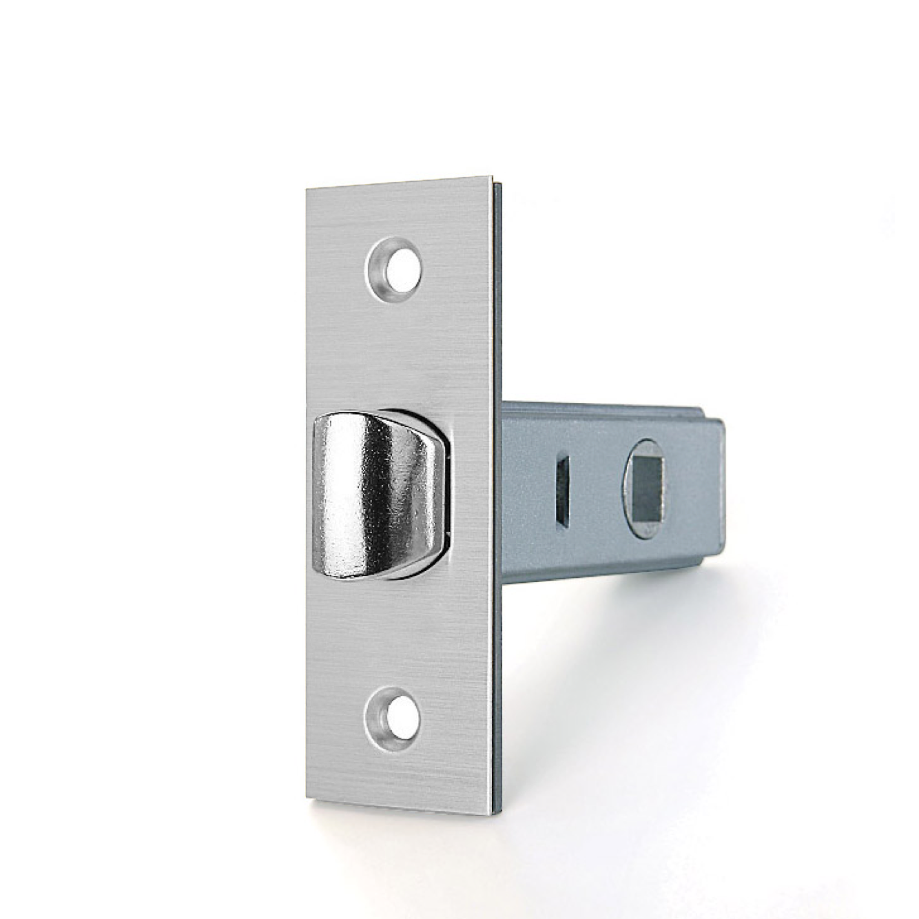 Fecho tubular quadrado com acabamento em níquel acetinado, distância entre eixos de 60mm