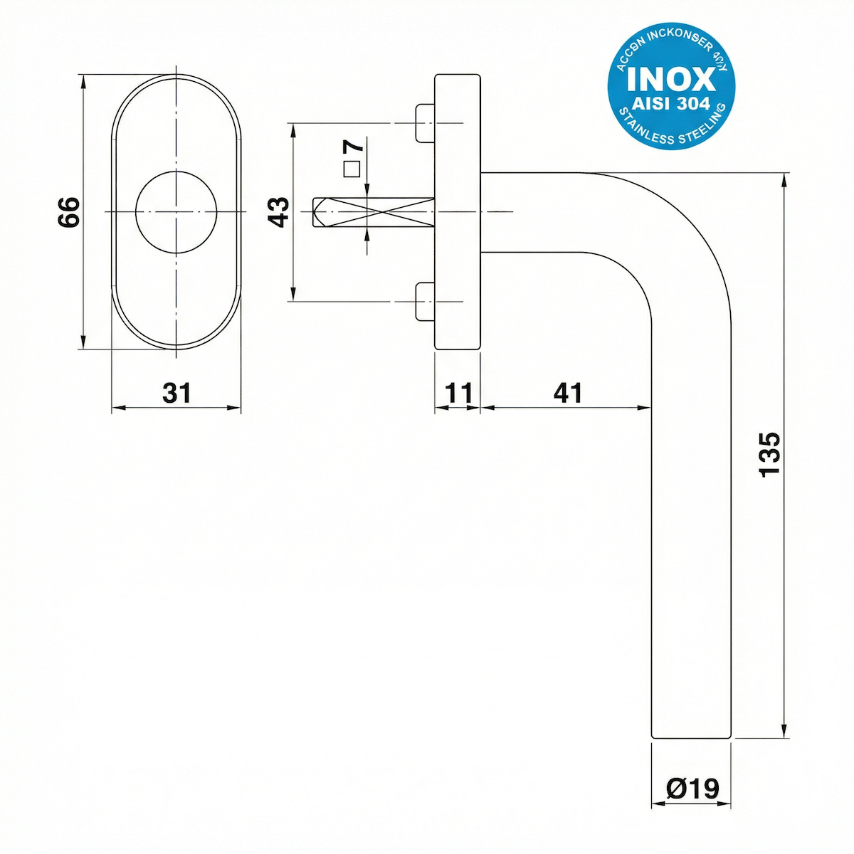 Cabo curvo de aço inoxidável de 3 posições com roseta oval ideal para janelas
