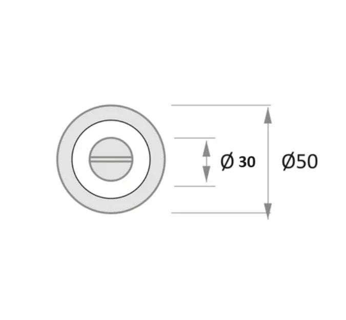 Cilindro muletilla redondo de 50 mm en latonado satinado con esquema de medidas y cotas de diámetro.