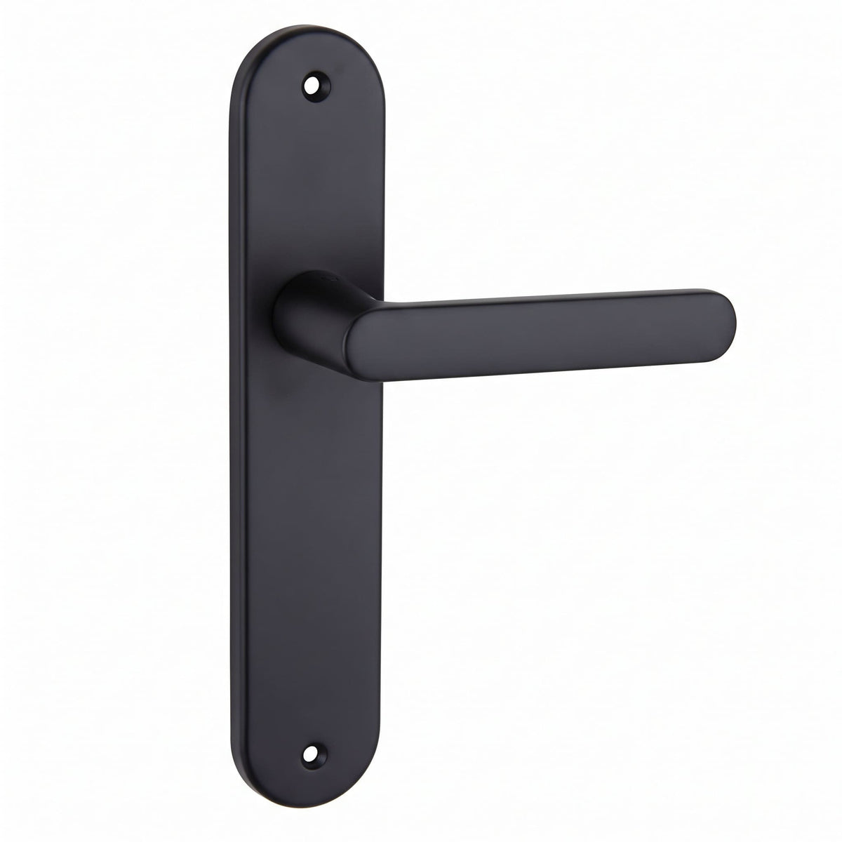 Manilla con placa ovalada de aluminio en negro mate con orificios de fijación para puertas de interior.